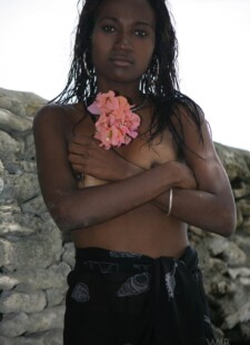 Ebony hottie Jessica posing topless beach 04